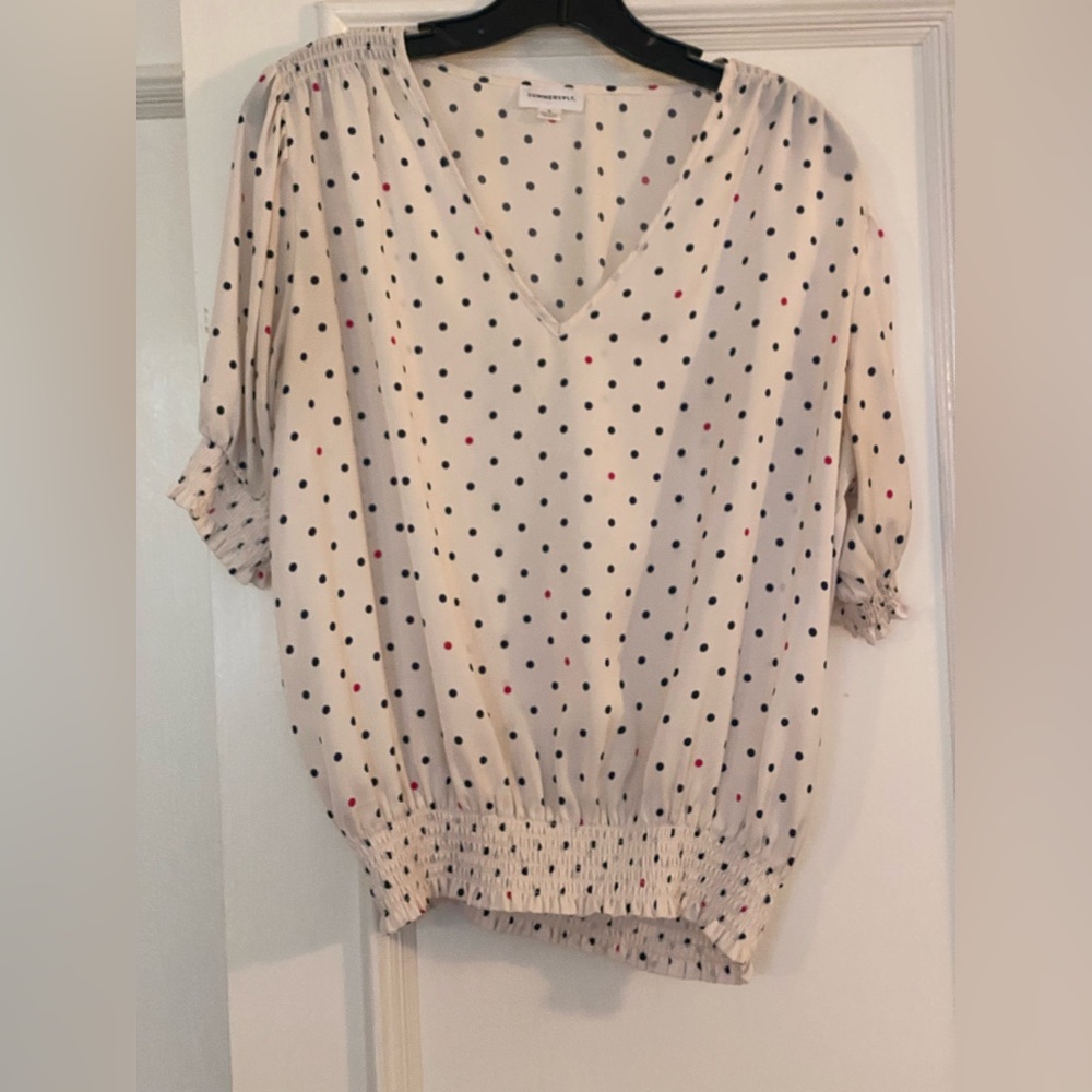 Summersalt The Silky V-Neck Puff Sleeve Top - White Sand Dot